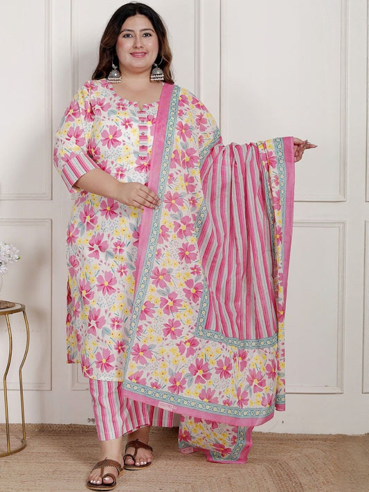 Dhiyona KL Women Floral Printed Cotton Kurta & Trousers With Dupatta