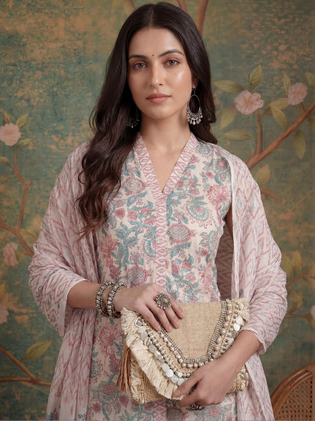 Printed Pure Cotton V-Neck Kurta & Trousers With Dupatta