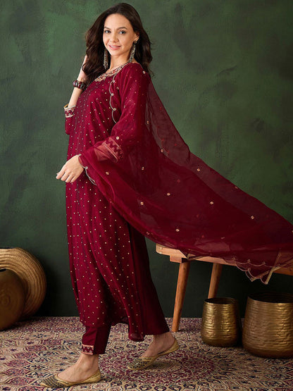 Geometric Printed Zari & Sequinned A-Line Kurta & Palazzo With Dupatta