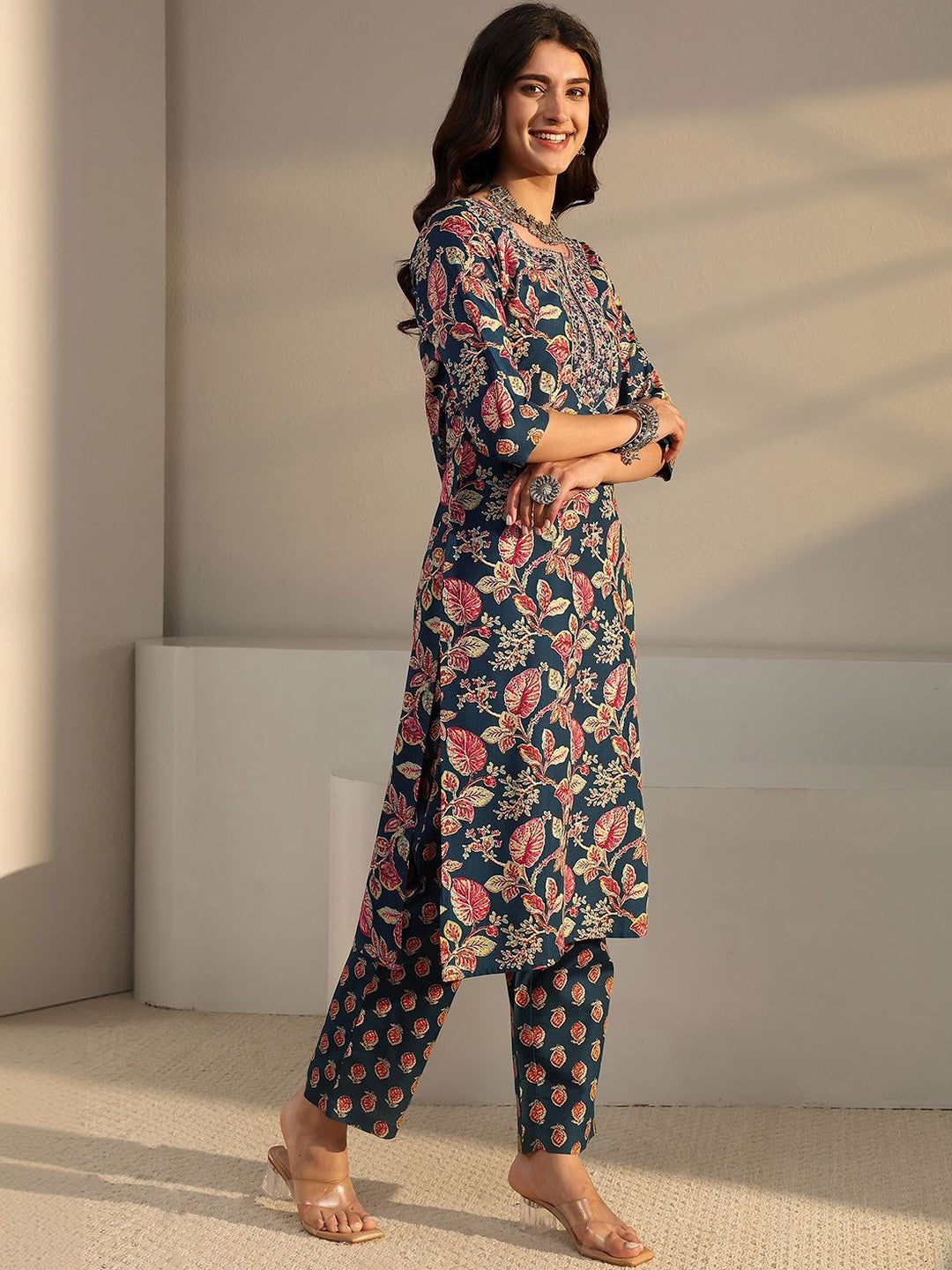 Libas Blue Floral Printed Straight Suit Set with Dupatta