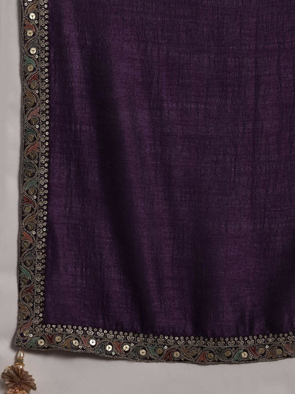 Women's LB Adaa Purple Embroidered Silk Blend Straight Kurta With Palazzos & Dupatta