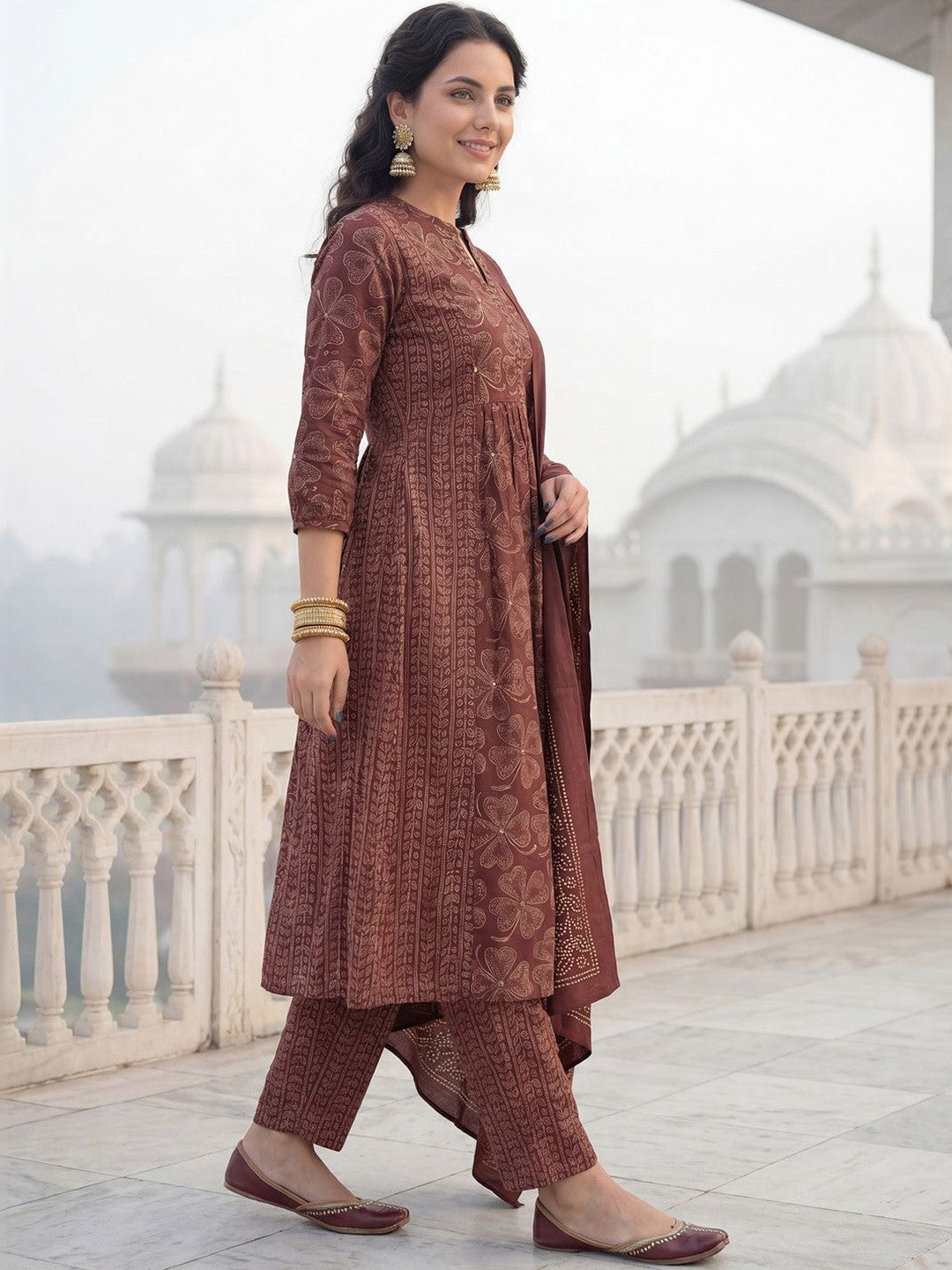Women Floral Printed Panelled Beads and Stones Pure Cotton Kurta with Trousers & With Dupatta