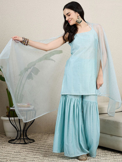 Dhiyona HOP Women Embroidered Regular Sequinned Kurti with Sharara & Dupatta