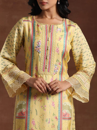 Dhiyona LL Floral Printed Notch Neck Beads And Stones Straight Kurta With Palazzos And Dupatta