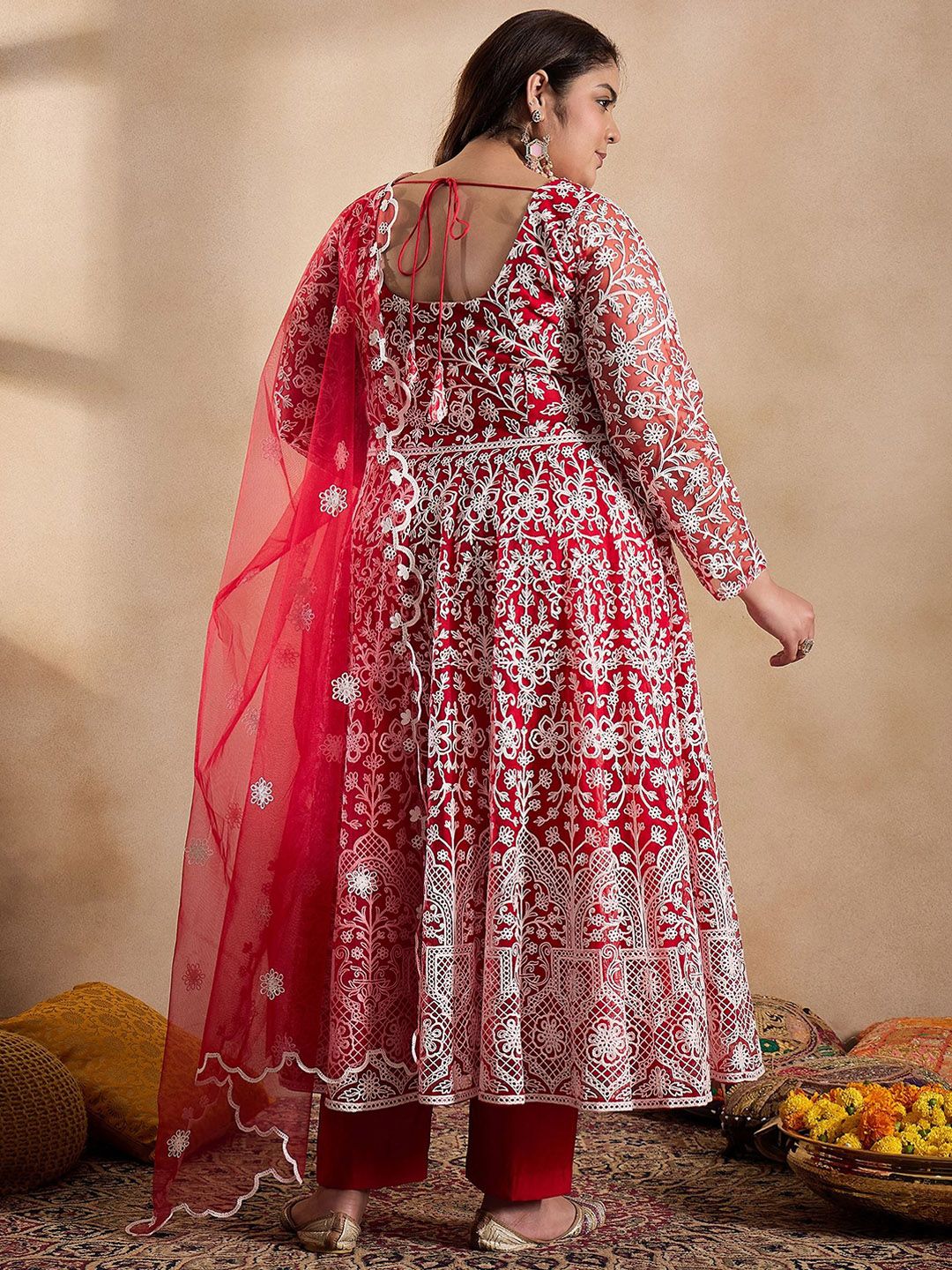 Dhiyona IN Floral Embroidered Thread Work Anarkali Net Kurta with Trousers & Dupatta