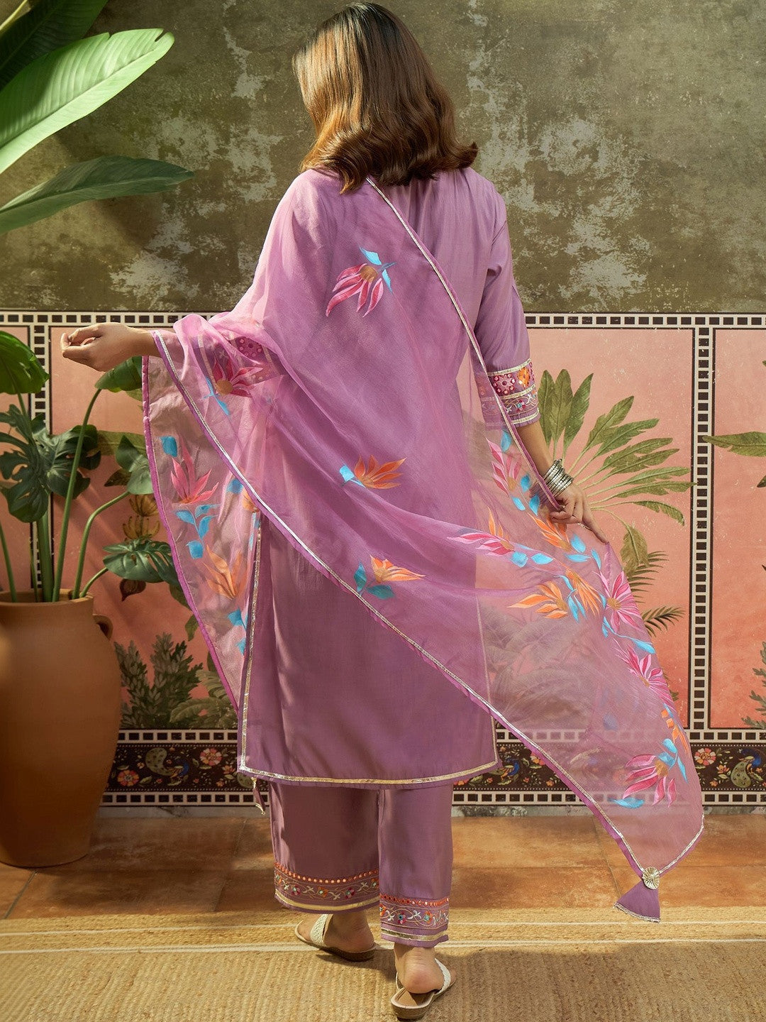 Embroidered Round Neck Kurta & Trousers With Dupatta