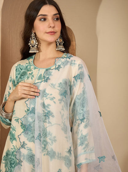 Women Floral Printed Regular Organza Kurta with Trousers And Embroidered Dupatta