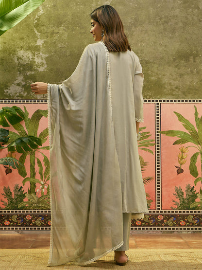 Embroidered Round Neck Kurta & Trousers With Dupatta