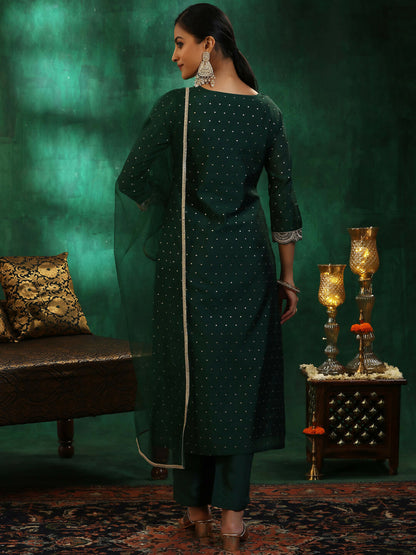 Women's LB Green Self Design Silk blend Straight Suit With Dupatta