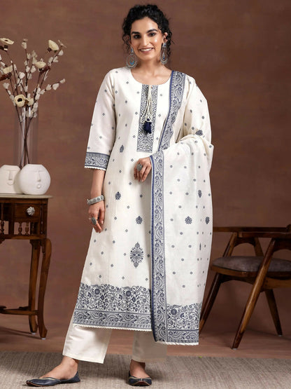 Women's LB Off White Woven Design Chanderi Silk Straight Suit With Dupatta