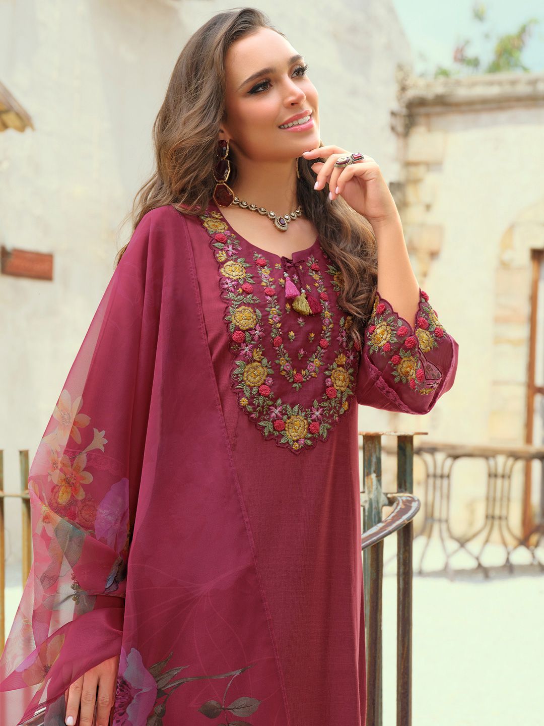 Dhiyona IE Floral Embroidered Thread Work Tieup Neck A-Line Kurta With Trousers & Dupatta