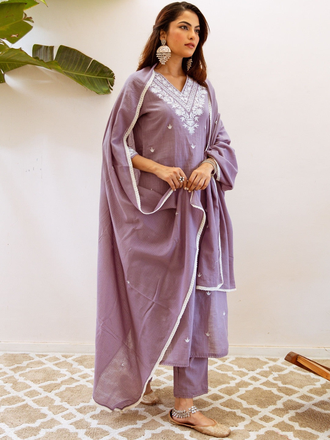 Embroidered Straight Kurta With Trousers & Dupatta