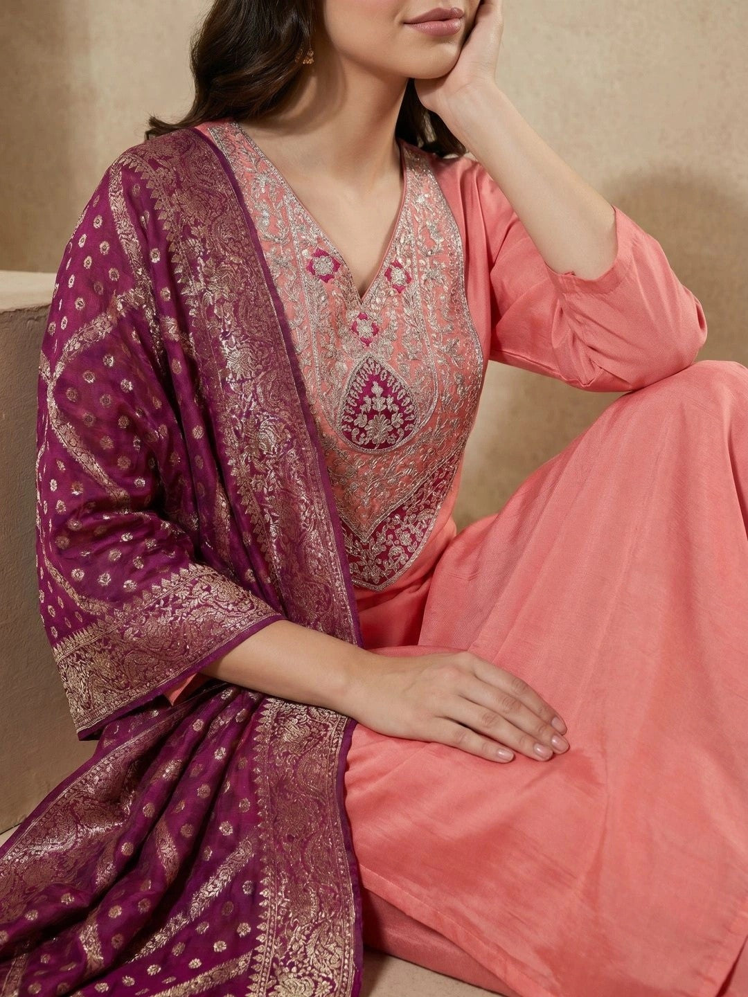 Women Ethnic Motifs Embroidered Regular Thread Work Kurta with Trousers & With Dupatta