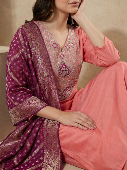 Women Ethnic Motifs Embroidered Regular Thread Work Kurta with Trousers & With Dupatta