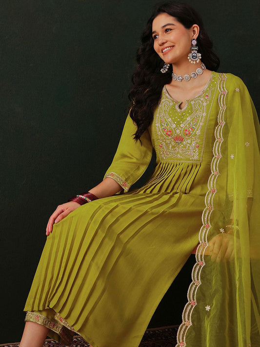 Dhiyona SN Floral Embroidered Pleated Straight Kurta with Trouser & Dupatta