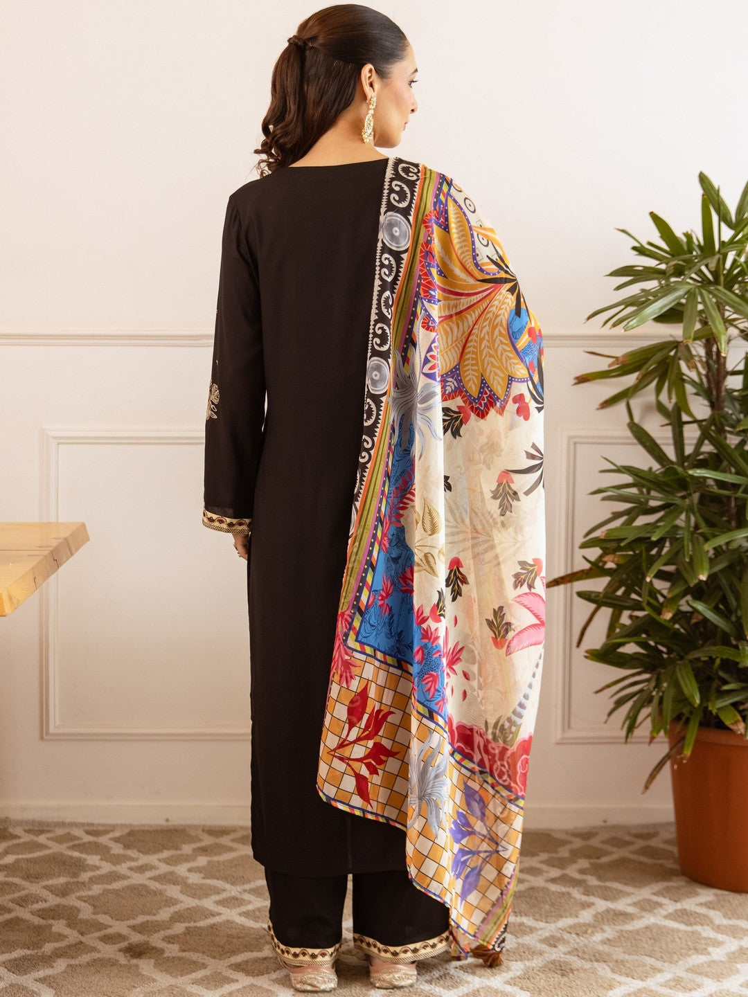 Embroidered Straight Kurta With Palazzos & Dupatta