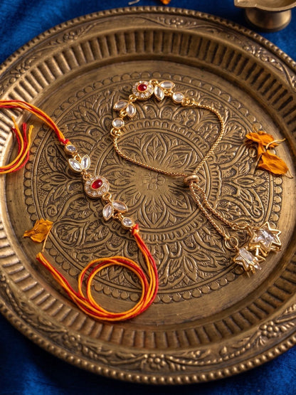 Dhiyona Set Of 2 Kundan Studded Gold Toned Bhaiya Bhabhi Rakhi