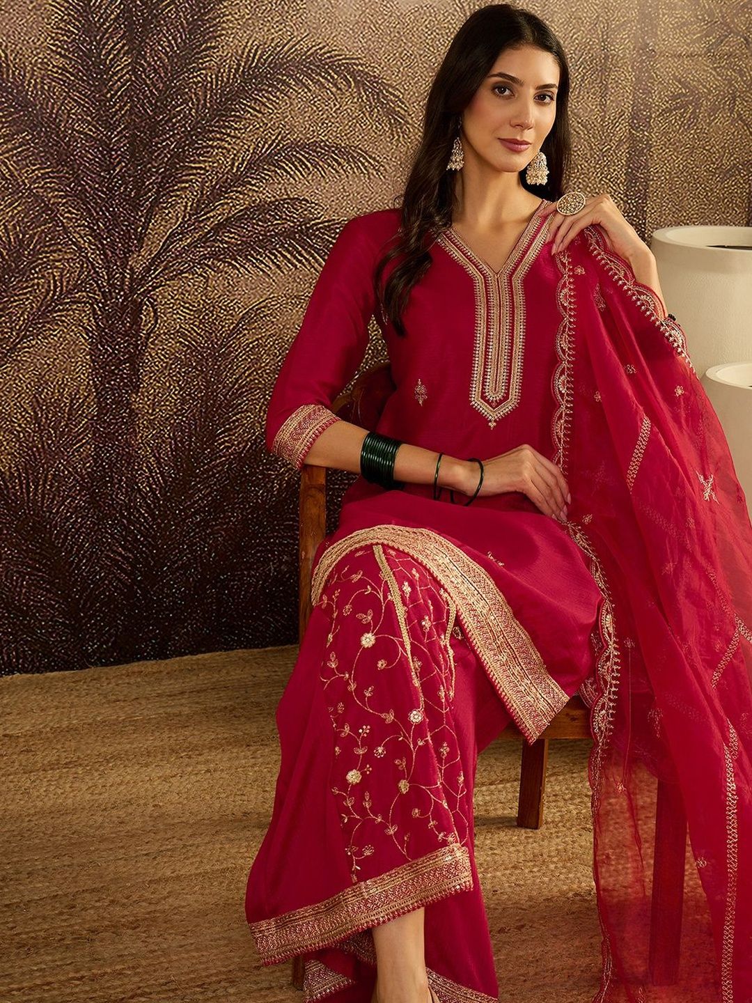 Dhiyona SN Ethnic Motifs Embroidered Sequinned Straight Kurta with Sharara & Dupatta