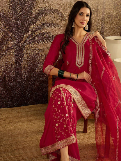 Dhiyona SN Ethnic Motifs Embroidered Sequinned Straight Kurta with Sharara & Dupatta