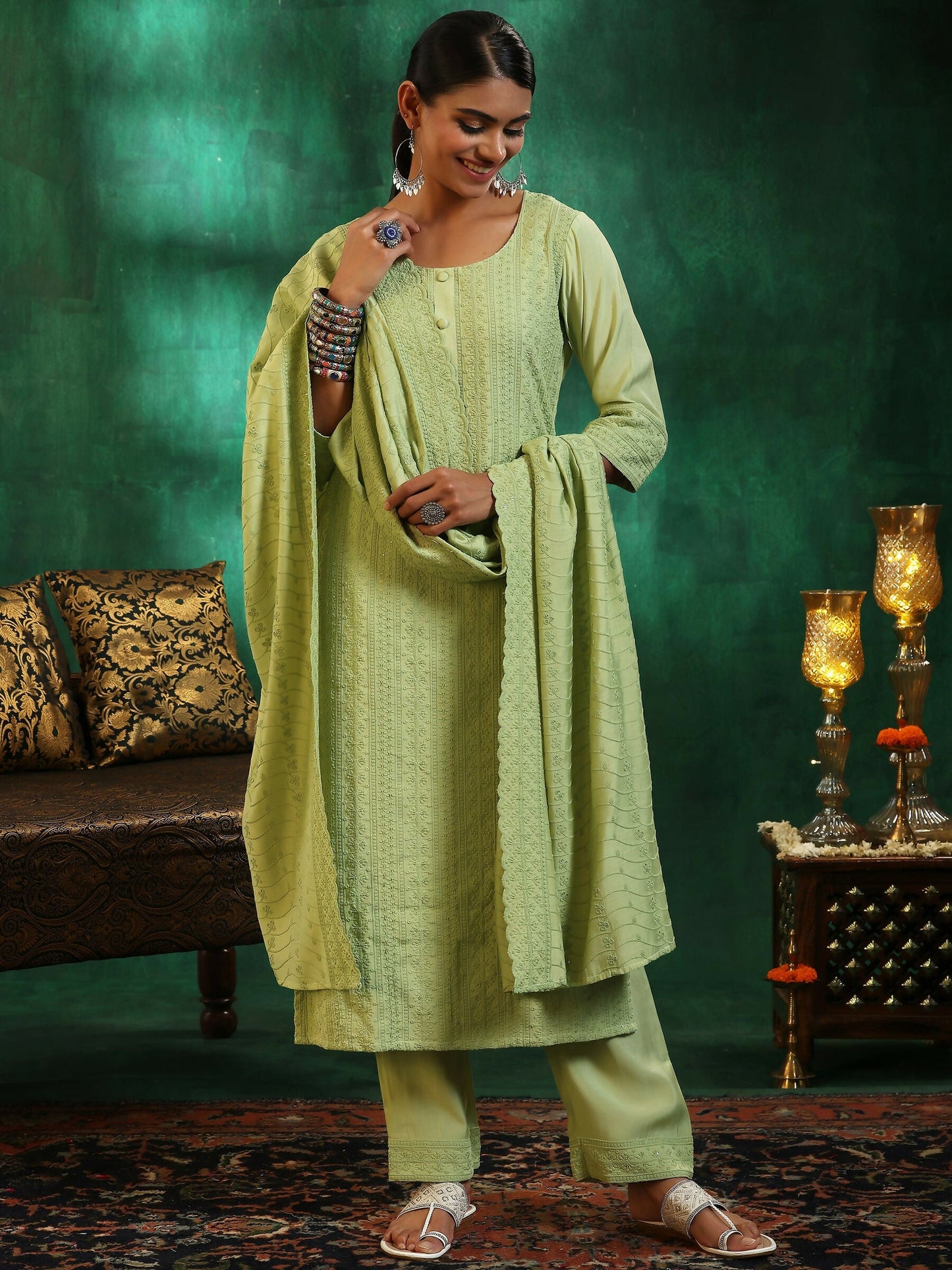 Women's LB Green Embroidered Silk Blend Straight Suit With Dupatta