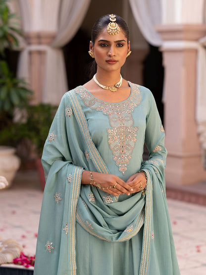 Dhiyona CH Floral Embroidered Mirror Work Chinon Anarkali Kurta With Trousers & Dupatta