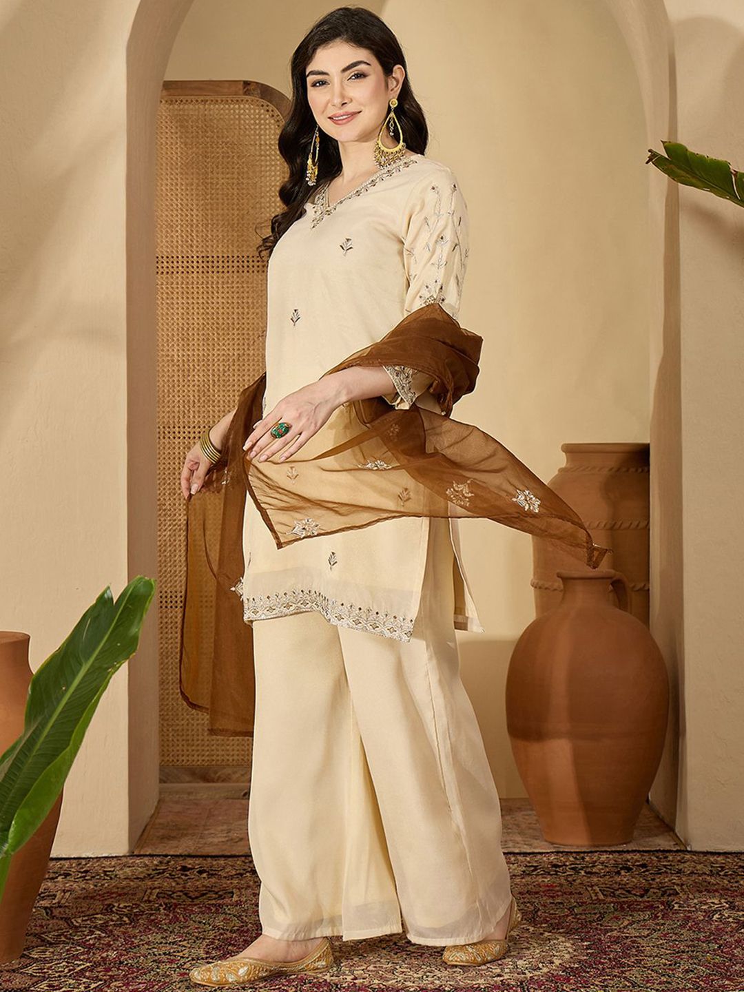 Dhiyona SN Women Ethnic Motifs Embroidered Kurta With Palazzos & Dupatta