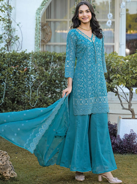 Dhiyona HOP Floral Motifs Embroidered Scalloped Short Kurta & Sharara With Dupatta