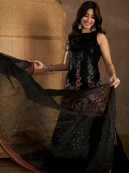 Dhiyona IN Women Floral Embroidered Regular Sequinned Kurta with Sharara & Dupatta