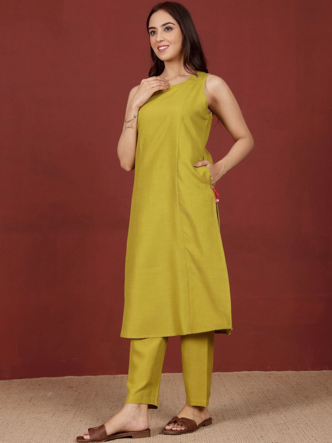 Lime Green Round Neck Straight Kurta With Trousers