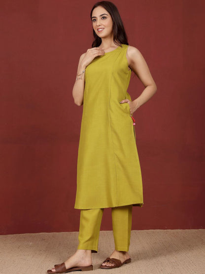 Lime Green Round Neck Straight Kurta With Trousers
