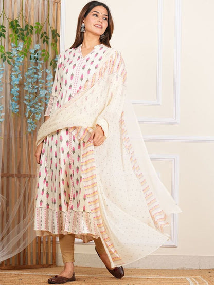Dhiyona KL Floral Printed Mandarin Collar Anarkali Kurta With Leggings And Dupatta