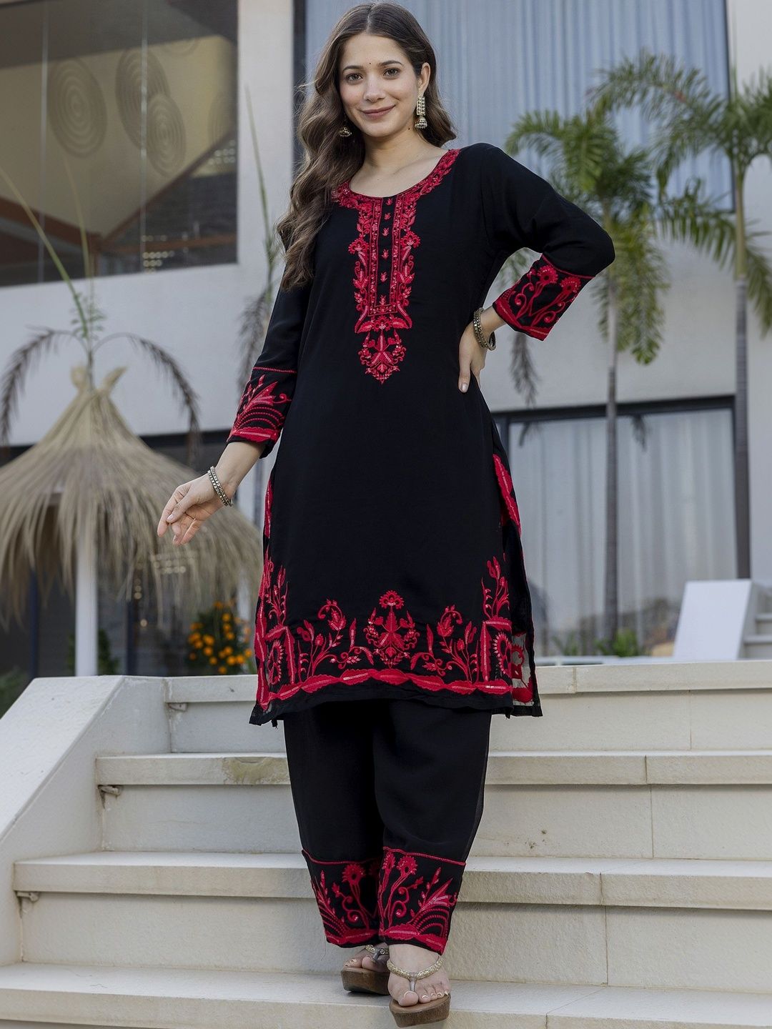 Dhiyona KL Women Ethnic Motifs Embroidered Regular Sequinned Kurta with Palazzos & With Dupatta
