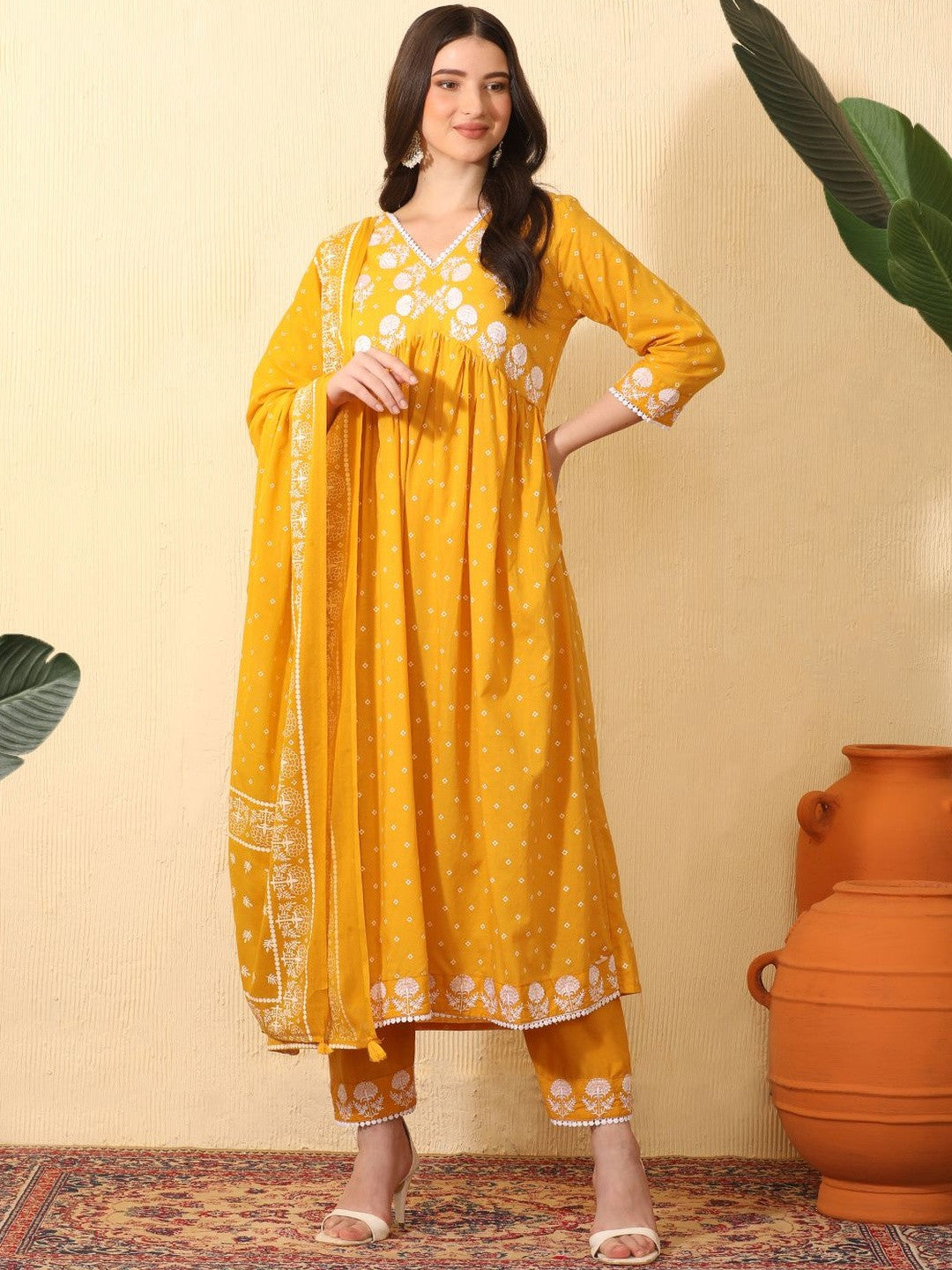 Women Ethnic Motifs Printed Empire Thread Work Pure Cotton Kurta with Trousers & With Dupatta