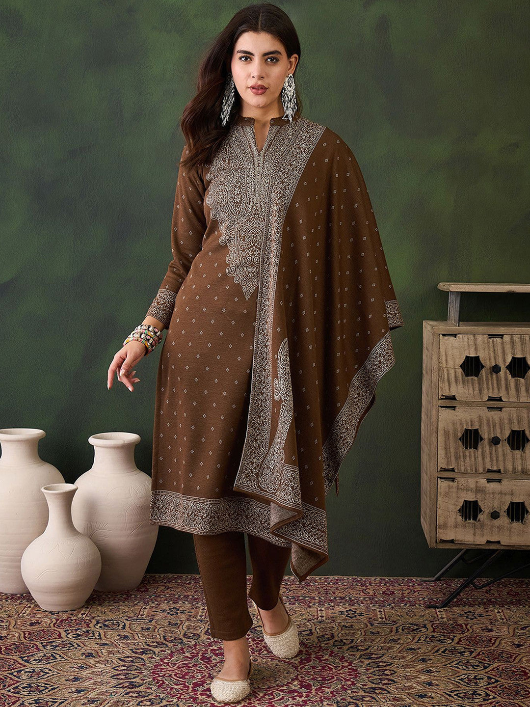 Ethnic Motifs Woven Design Mandarin Collar Straight Kurta With Trouser & Dupatta