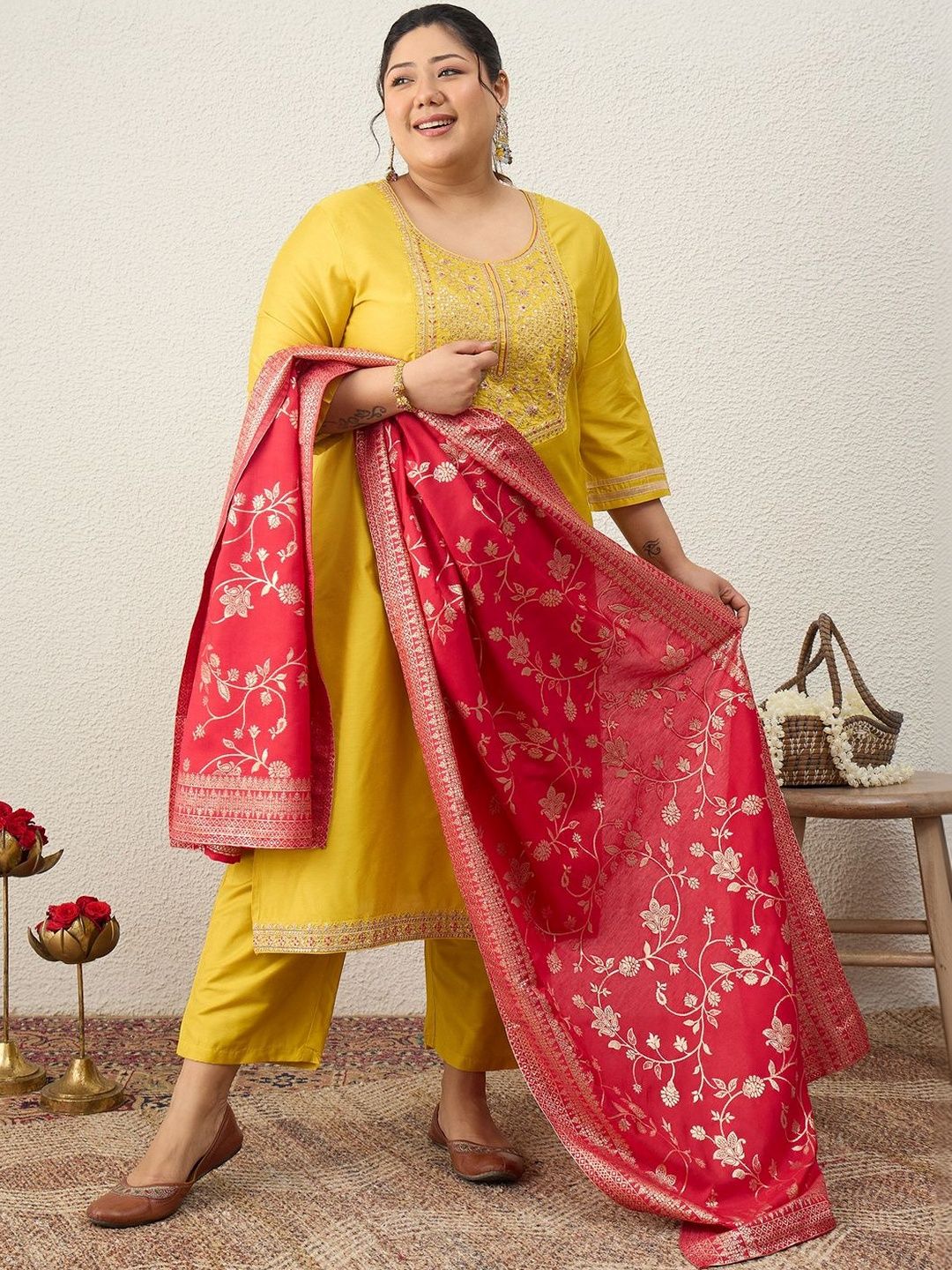 Dhiyona Women's Ethnic Motifs Embroidered Regular Kurta with Trousers & With Dupatta