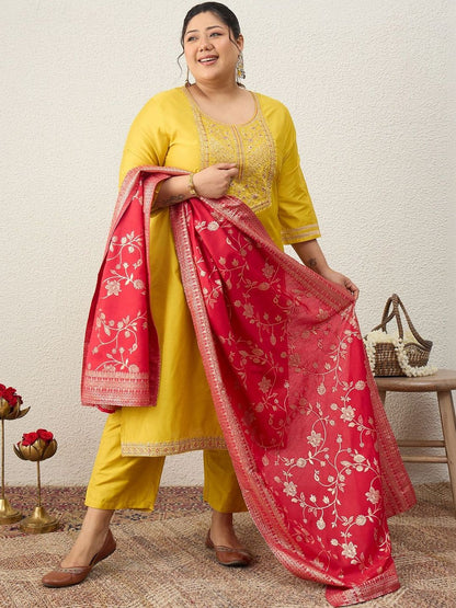 Dhiyona Women's Ethnic Motifs Embroidered Regular Kurta with Trousers & With Dupatta