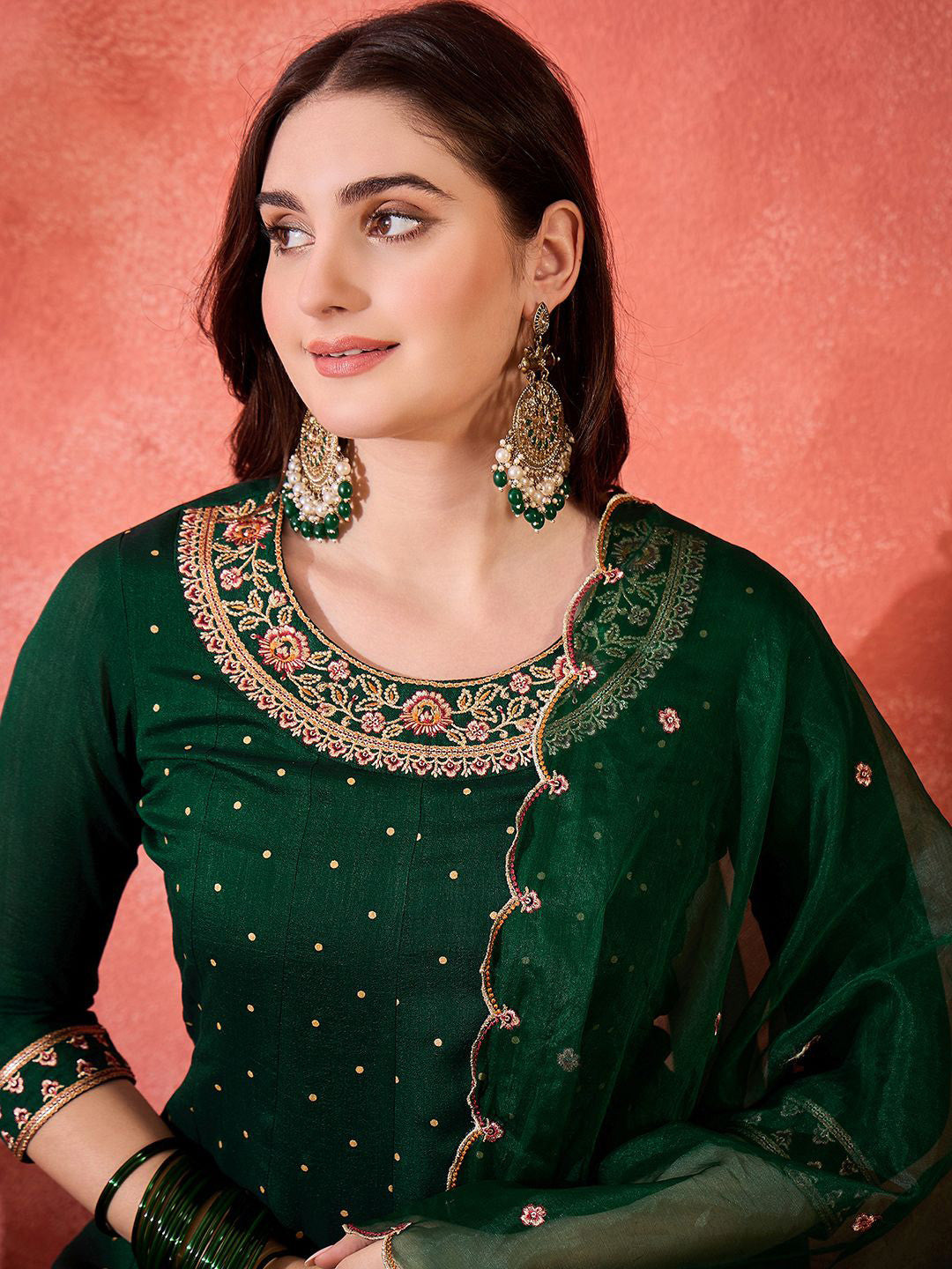 Floral Embroidered Zari Work Round Neck A-Line Kurta With Trousers And Dupatta