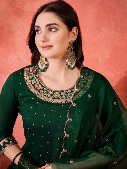 Floral Embroidered Zari Work Round Neck A-Line Kurta With Trousers And Dupatta