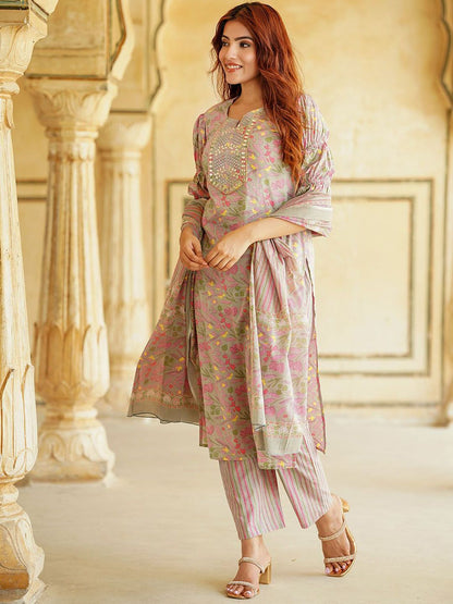 Dhiyona KL Floral Printed Thread Work Pure Cotton Straight Kurta With Trousers & Dupatta