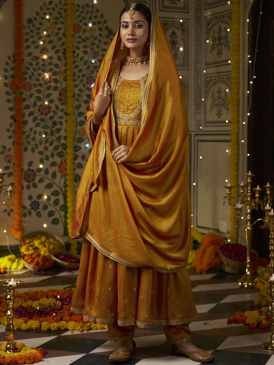 Dhiyona CH Women Floral Embroidered Pleated Sequinned Kurta with Trousers & With Dupatta