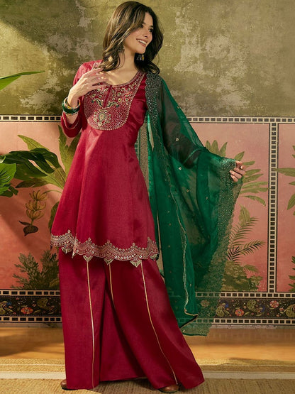 Dhiyona SN Embroidered A-Line Kurta With Palazzo & Dupatta