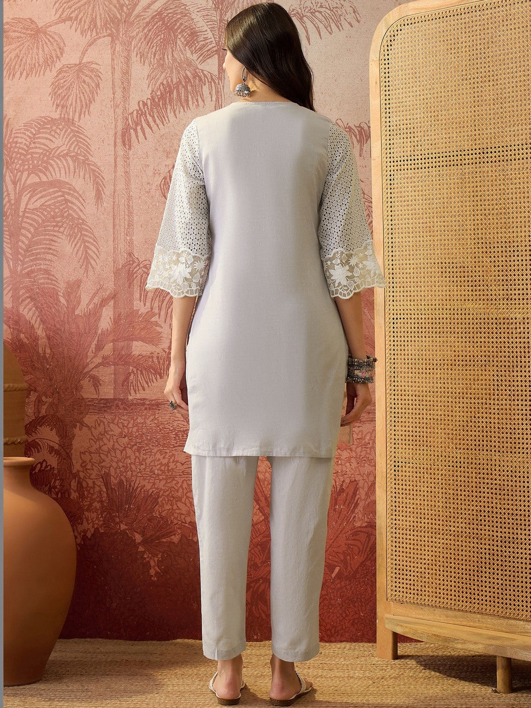 Embroidered Pure Cotton V-Neck Kurta & Trousers Kurta Set