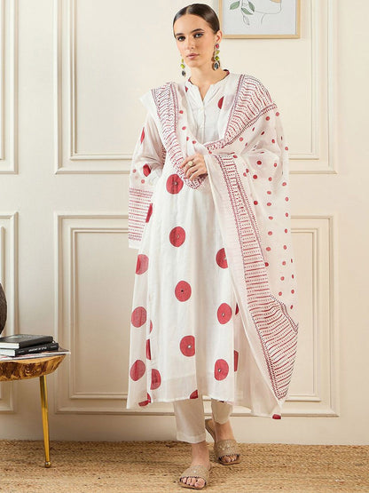 Dhiyona IE Geometric Printed Pure Cotton A-Line Kurta With Trousers & Dupatta
