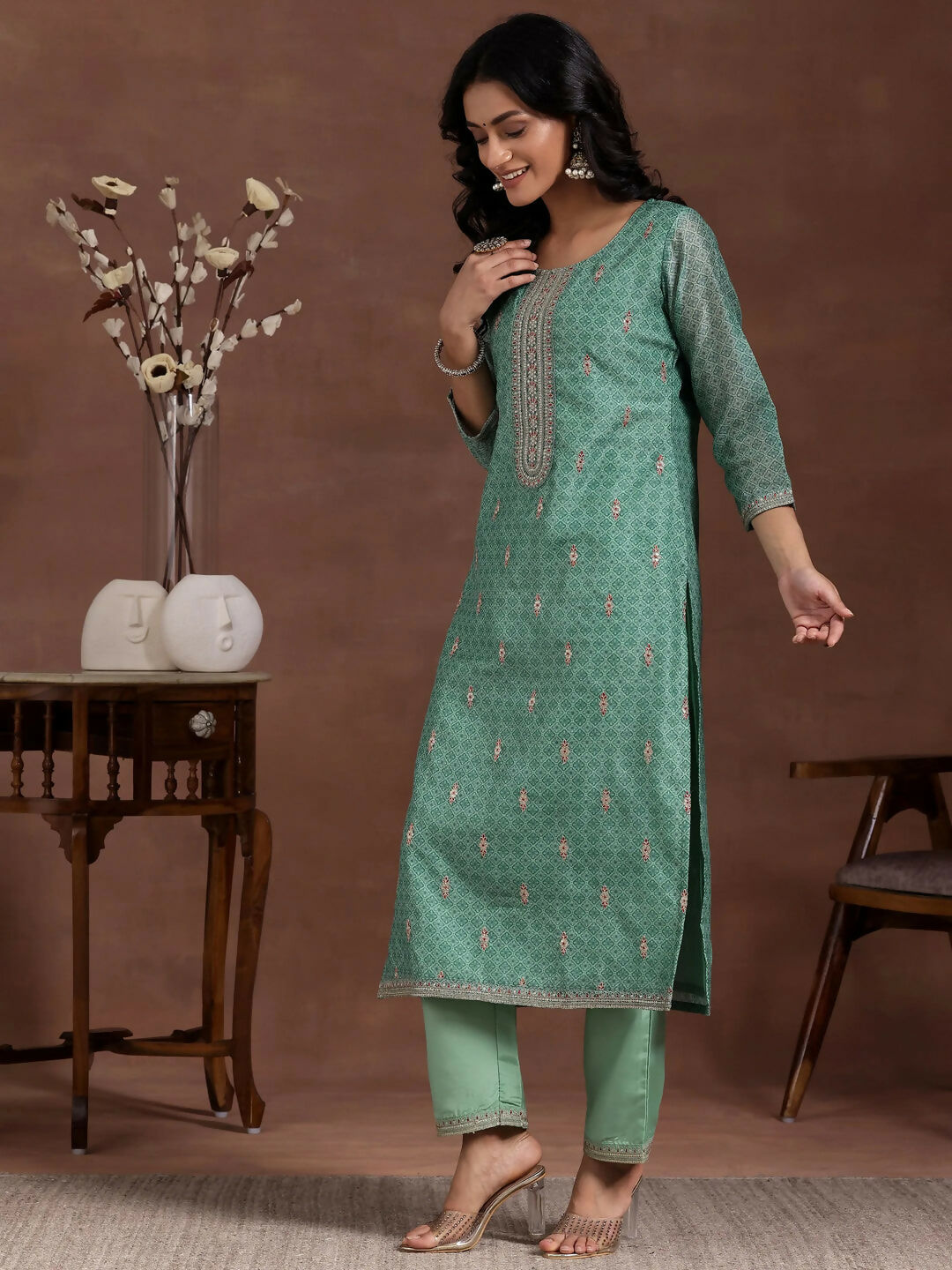 Women's LB Green Printed Silk Blend Straight Suit With Dupatta