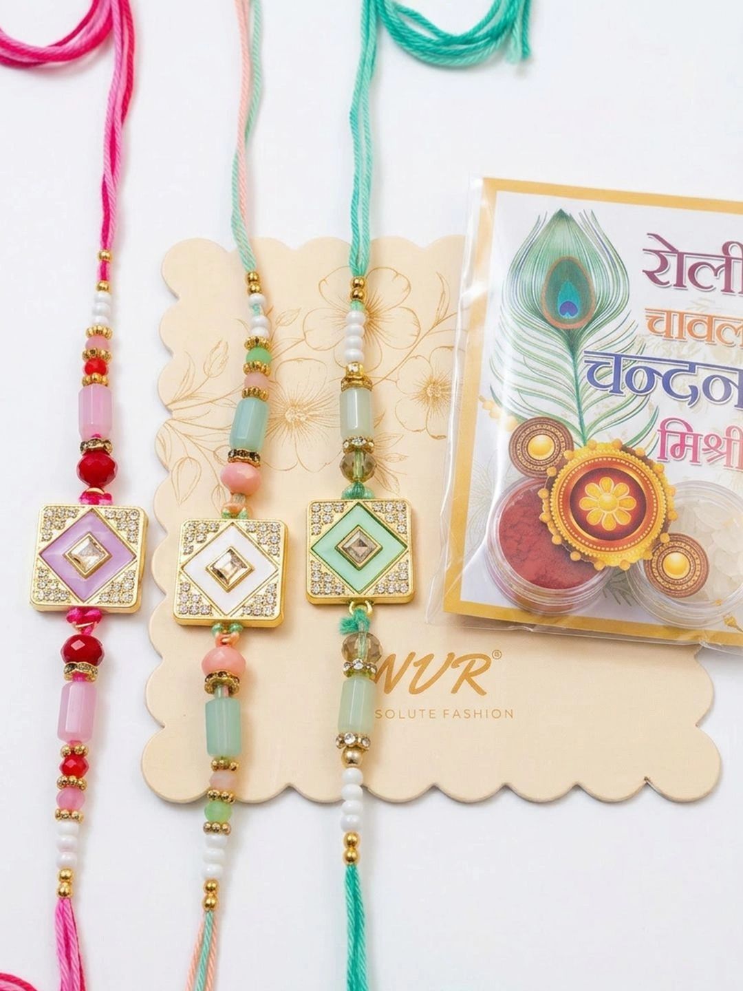 Dhiyona Set Of 3 Multicolor Ad Thread Rakhi With Roli Chawal Chandan Mishri