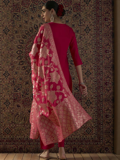 Ethnic Motifs Embroidered Straight Kurta With Trousers & Dupatta