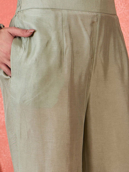 Woven Design Round Neck Straight Kurta With Trousers And Dupatta