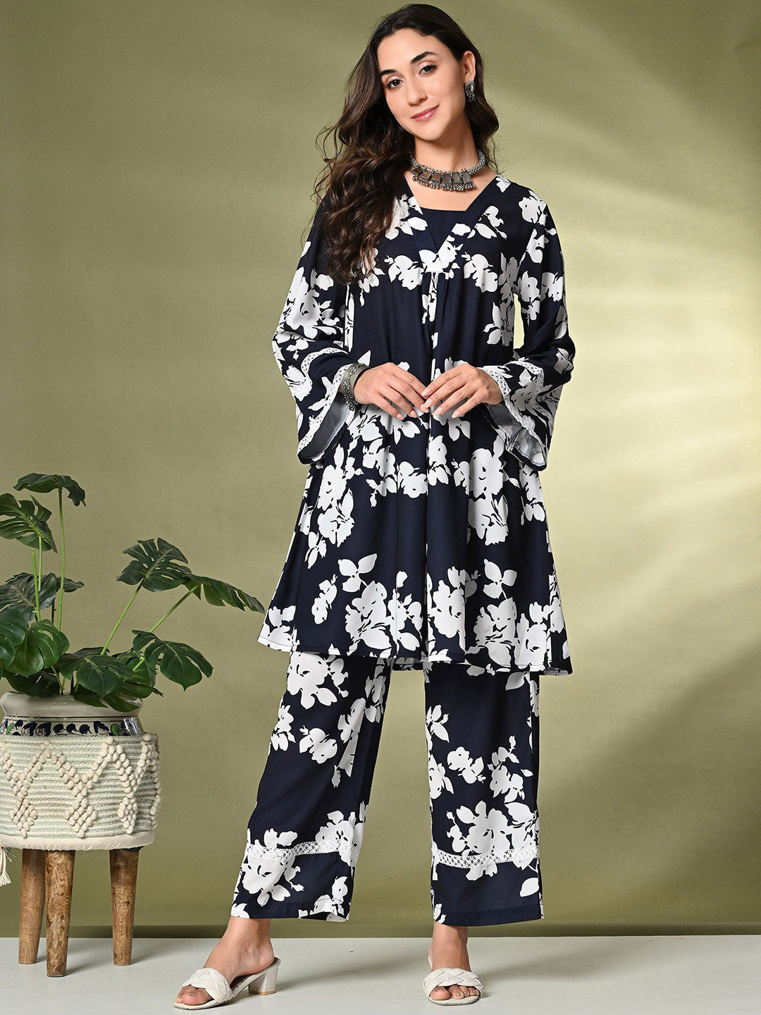 Black Floral Printed A-Line Kurta With Trousers