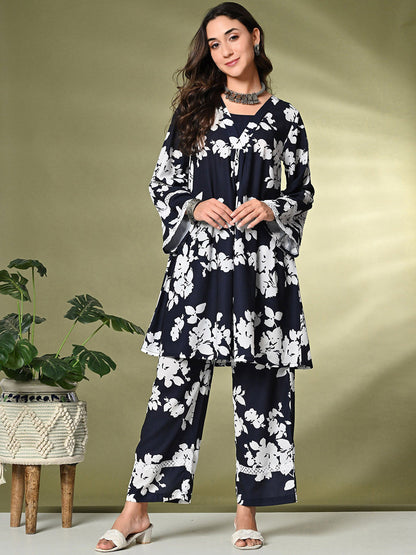 Black Floral Printed A-Line Kurta With Trousers