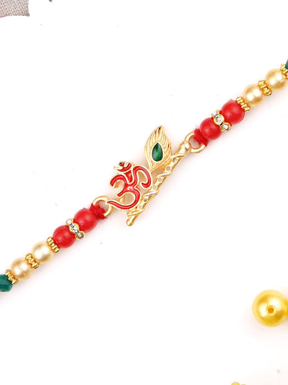 Dhiyona Divine Om & Flute Thread Rakhi With Roli Chawal & Greetings Card